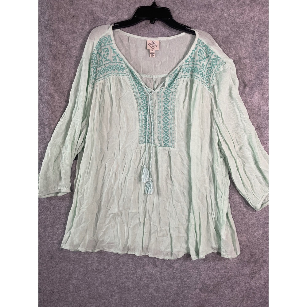 St Johns Bay Mint Green Embroidered Peasant Blouse Tassel Tie Top Womens 2X